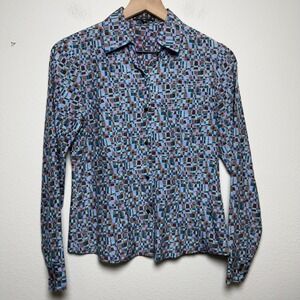 VTG 90s Penta Women 100% SILK Button Front Top 2 Blue Geometric Mosaic Preppy
